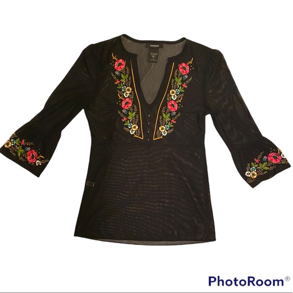 EXPRESS BLACK MESH EMBROIDERED TUNIC TOP SHIRT ⭐️⭐️⭐️⭐️⭐️ - Picture 2 of 14